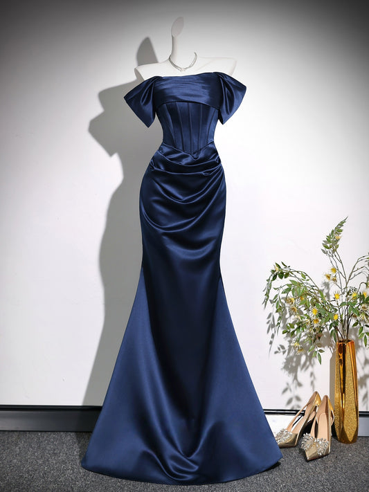 Off The Shoulder Navy Blue Satin Mermaid Prom Dress   P1194