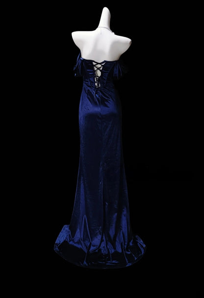Off The Shoulder Navy Blue Satin Mermaid Prom Dress With Appliques  P2409