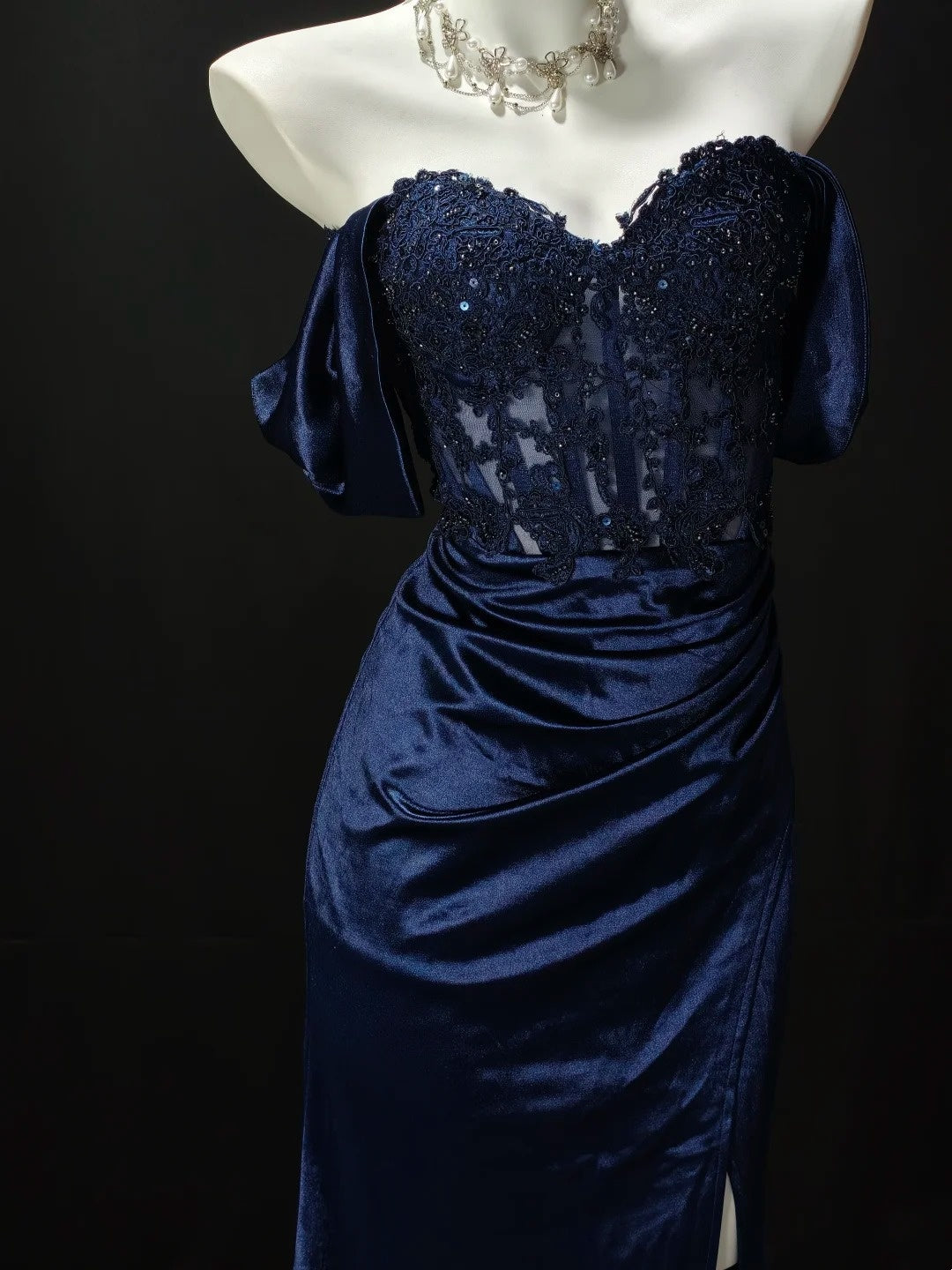 Off The Shoulder Navy Blue Satin Mermaid Prom Dress With Appliques  P2409