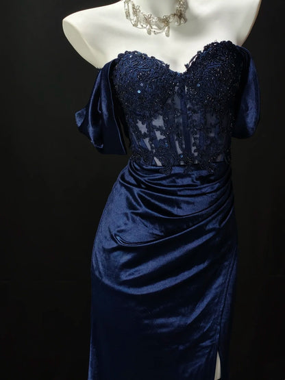 Off The Shoulder Navy Blue Satin Mermaid Prom Dress With Appliques  P2409