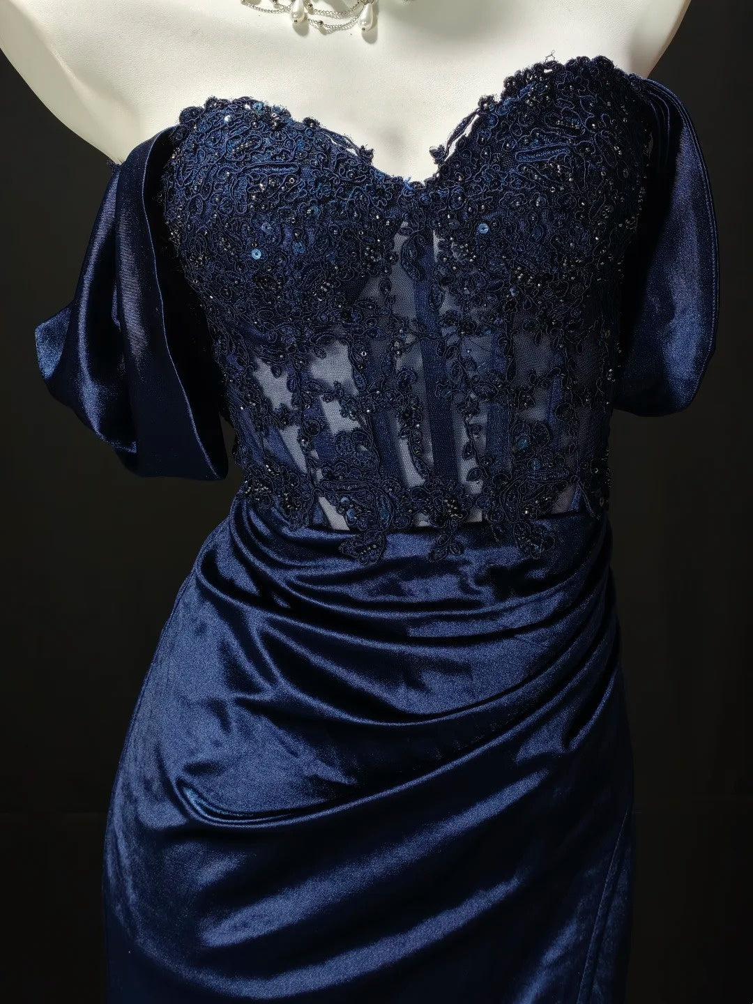 Off The Shoulder Navy Blue Satin Mermaid Prom Dress With Appliques  P2409