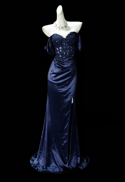 Off The Shoulder Navy Blue Satin Mermaid Prom Dress With Appliques  P2409