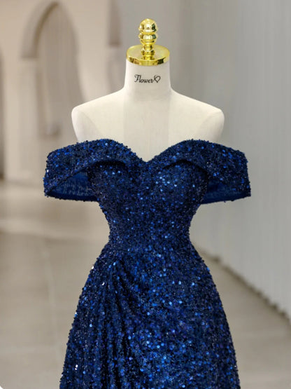 Off The Shoulder Navy Blue Sequins Prom Dress A Line Sparkle Evening Dress  P1228