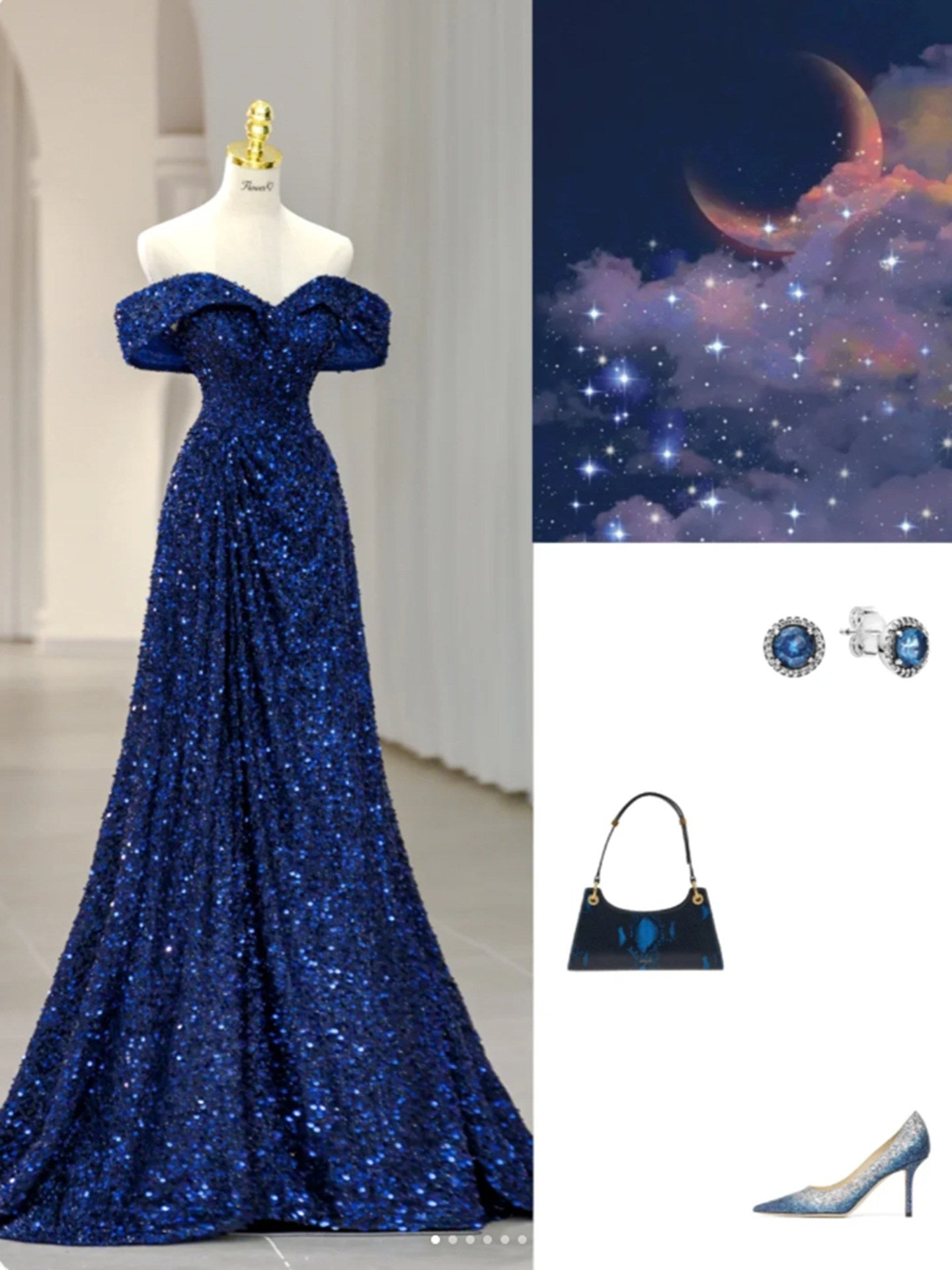 Off The Shoulder Navy Blue Sequins Prom Dress A Line Sparkle Evening Dress  P1228