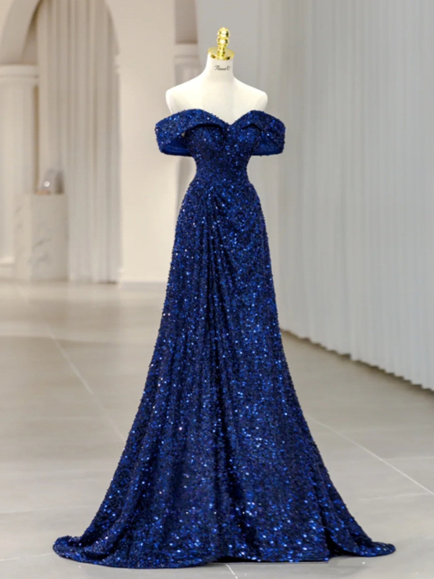 Off The Shoulder Navy Blue Sequins Prom Dress A Line Sparkle Evening Dress  P1228