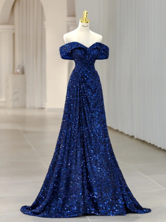 Off The Shoulder Navy Blue Sequins Prom Dress A Line Sparkle Evening Dress  P1228