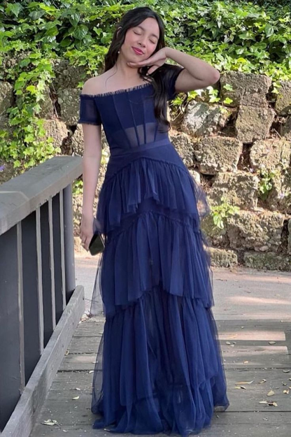 Off The Shoulder Navy Blue Tulle Formal Prom Dress  P1039