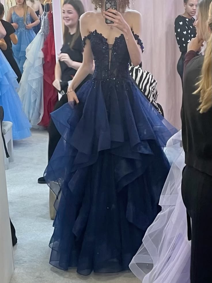 Off The Shoulder Navy Blue Tulle Formal Prom Dress  P2625