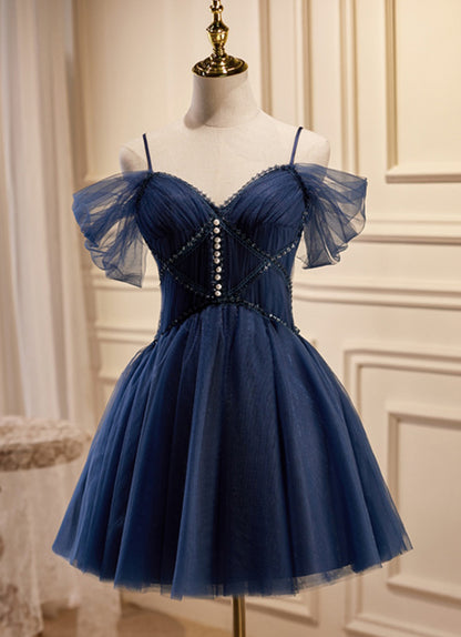 Off The Shoulder Navy Blue Tulle Homecoming Dress   P2252