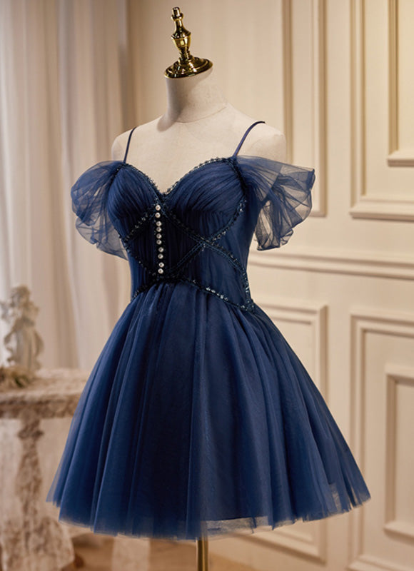 Off The Shoulder Navy Blue Tulle Homecoming Dress   P2252