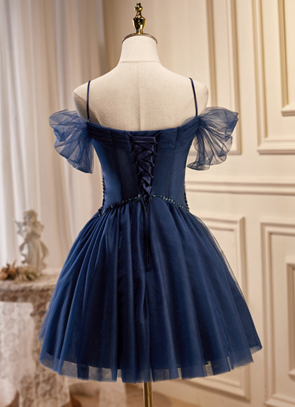 Off The Shoulder Navy Blue Tulle Homecoming Dress   P2252