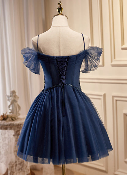 Off The Shoulder Navy Blue Tulle Homecoming Dress   P2252
