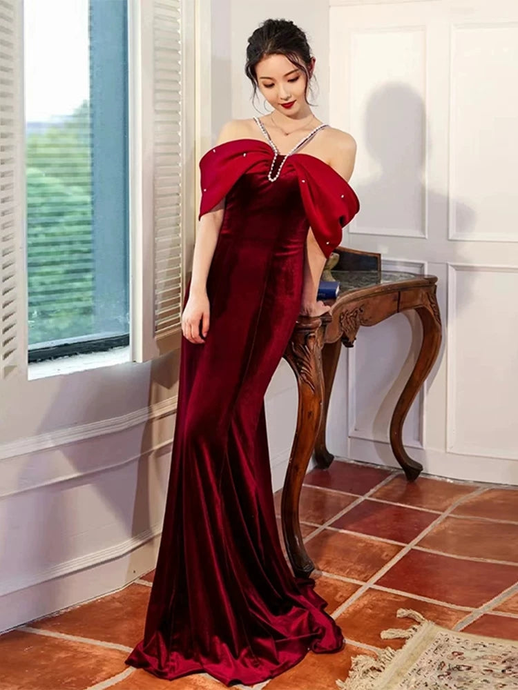 Off The Shoulder Pearl Straps Mermaid Prom Dress  Evening Gown  P625