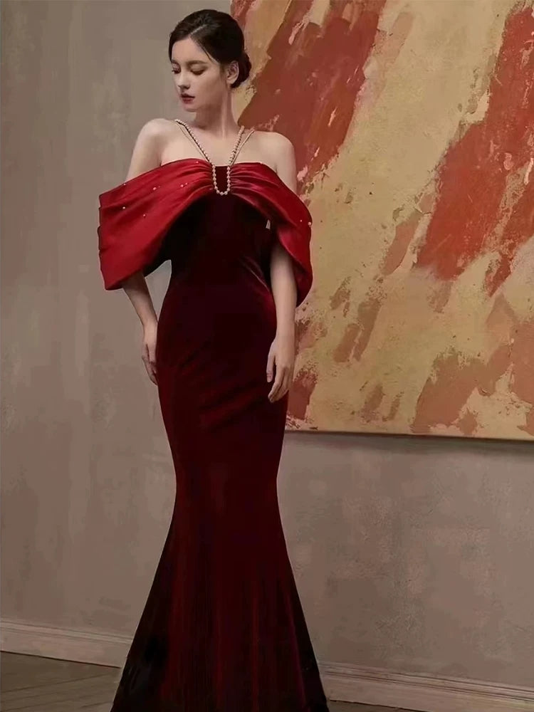 Off The Shoulder Pearl Straps Mermaid Prom Dress  Evening Gown  P625