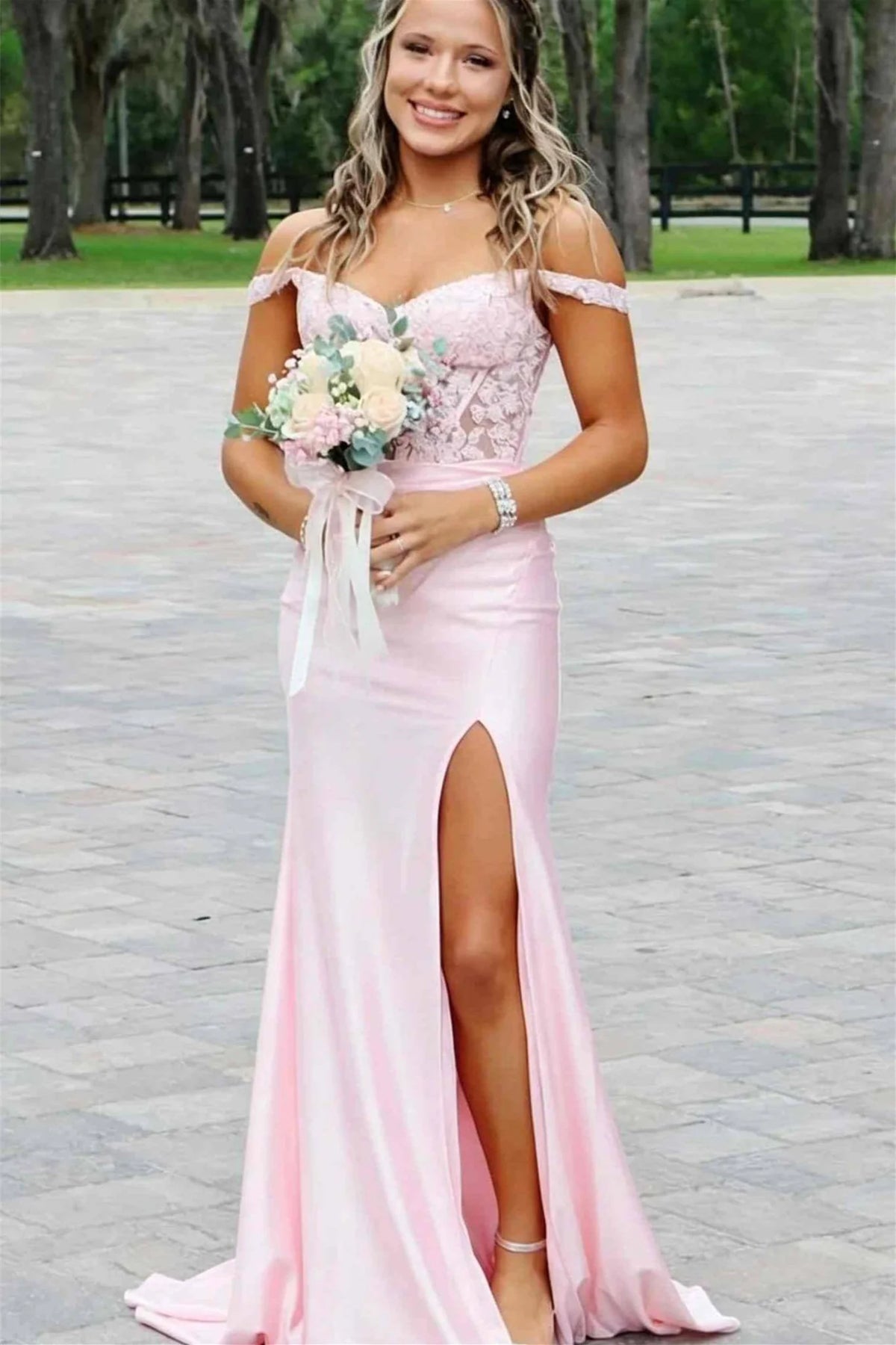Off The Shoulder Pink Appliques Long Prom Dress With Slit  P2513