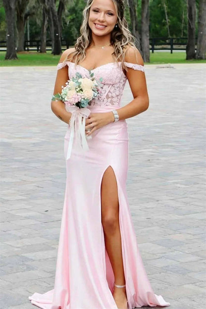Off The Shoulder Pink Appliques Long Prom Dress With Slit  P2513