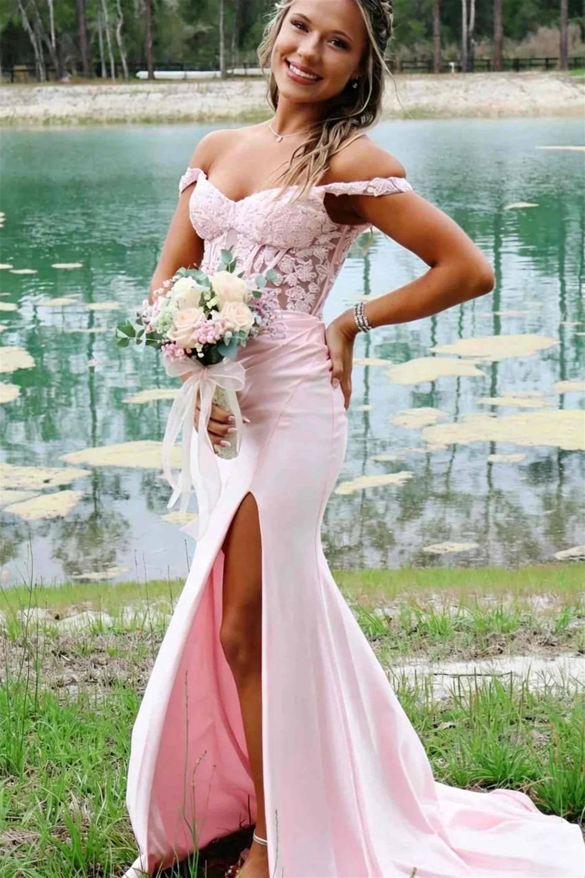 Off The Shoulder Pink Appliques Long Prom Dress With Slit  P2513