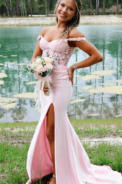 Off The Shoulder Pink Appliques Long Prom Dress With Slit  P2513