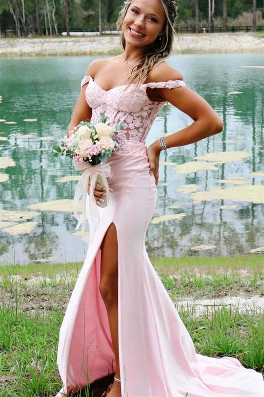 Off The Shoulder Pink Appliques Long Prom Dress With Slit  P2513