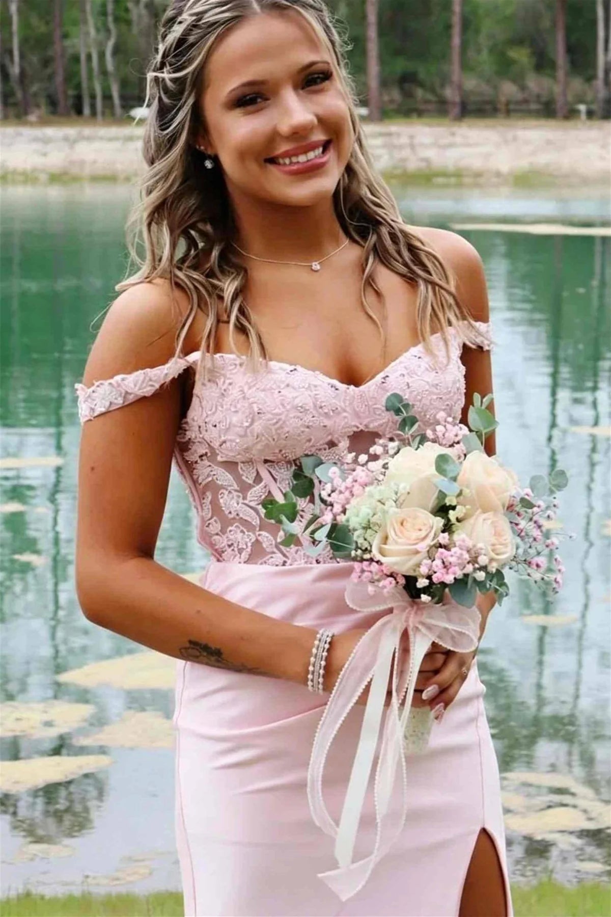 Off The Shoulder Pink Appliques Long Prom Dress With Slit  P2513