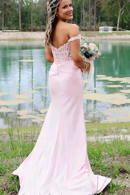 Off The Shoulder Pink Appliques Long Prom Dress With Slit  P2513