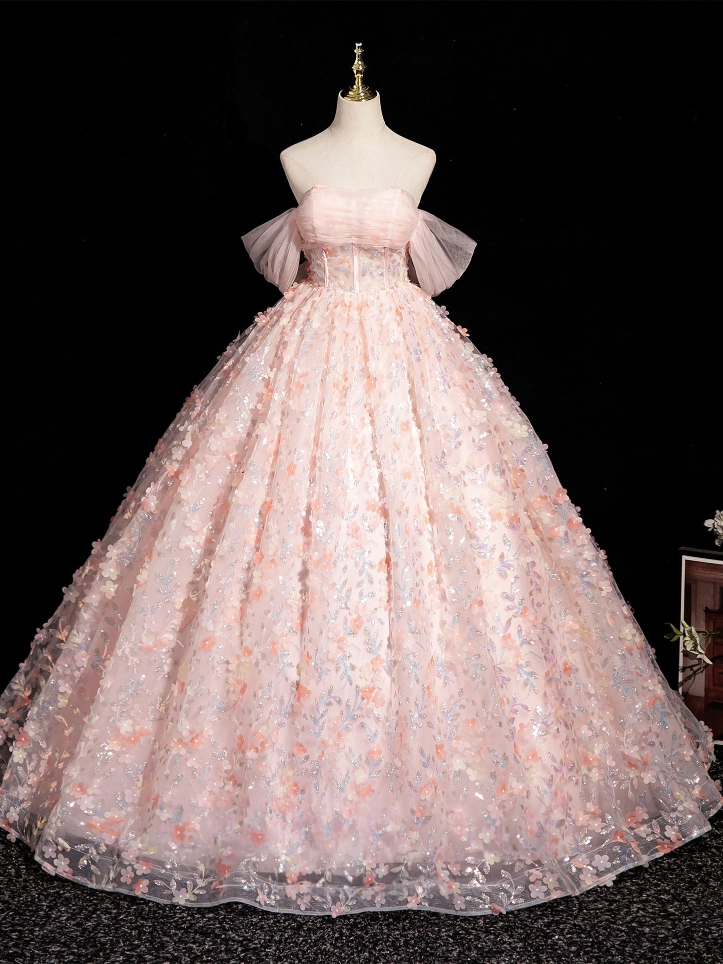 Off The Shoulder Pink Flora  Prom Dress Princess Birthday Gown   P1192