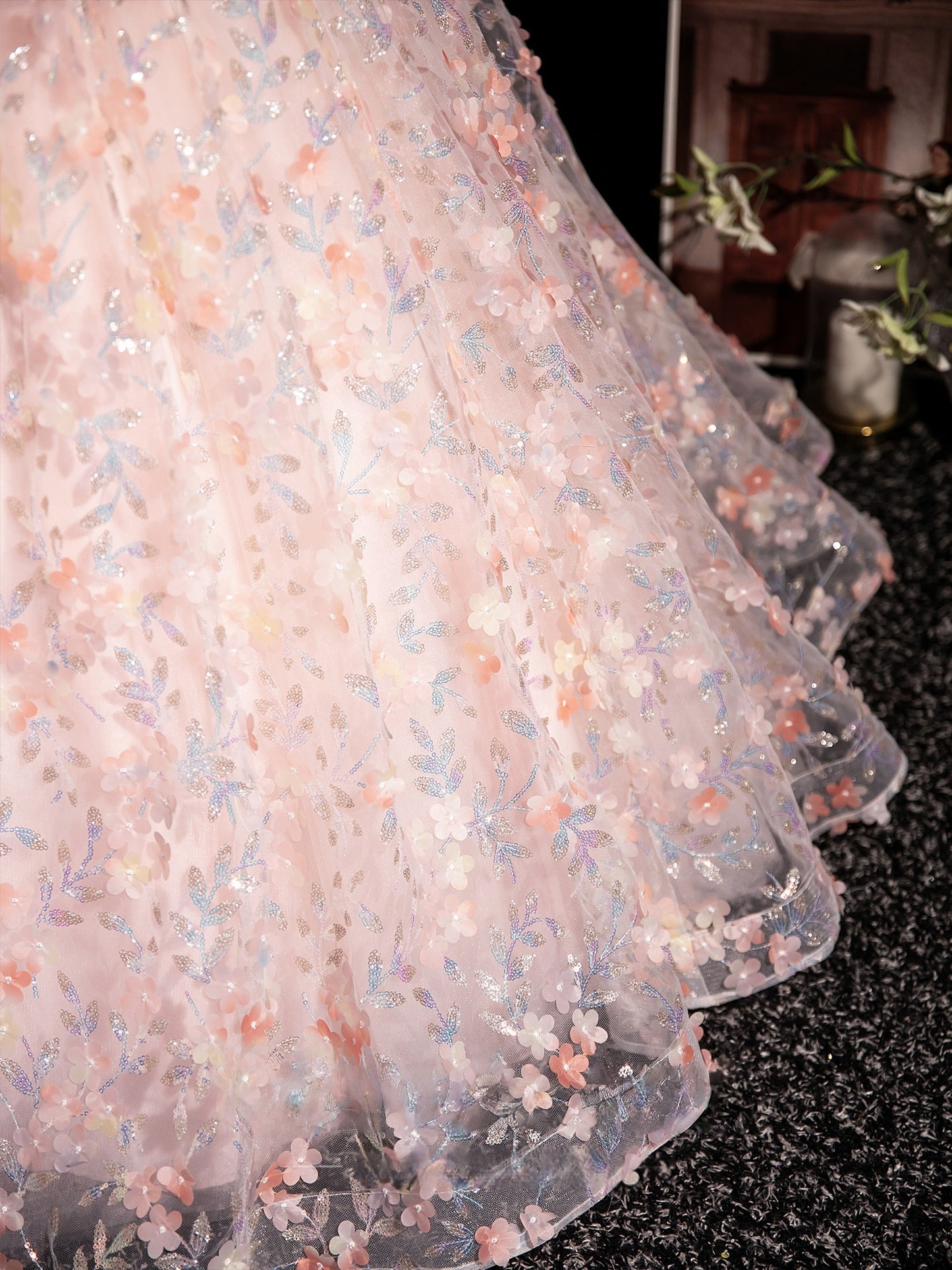 Off The Shoulder Pink Flora  Prom Dress Princess Birthday Gown   P1192