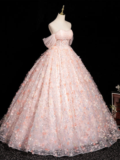 Off The Shoulder Pink Flora  Prom Dress Princess Birthday Gown   P1192
