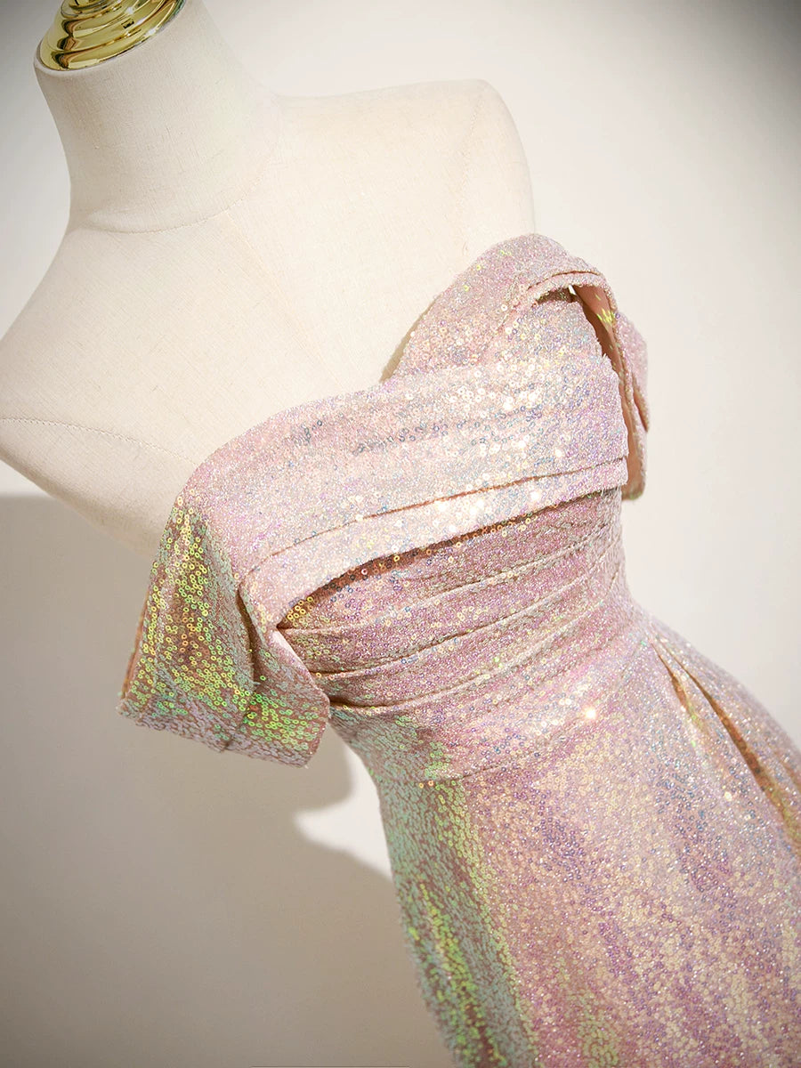 Off The Shoulder Pink Mermaid Prom Dress Sequin Evening Dress  P1233