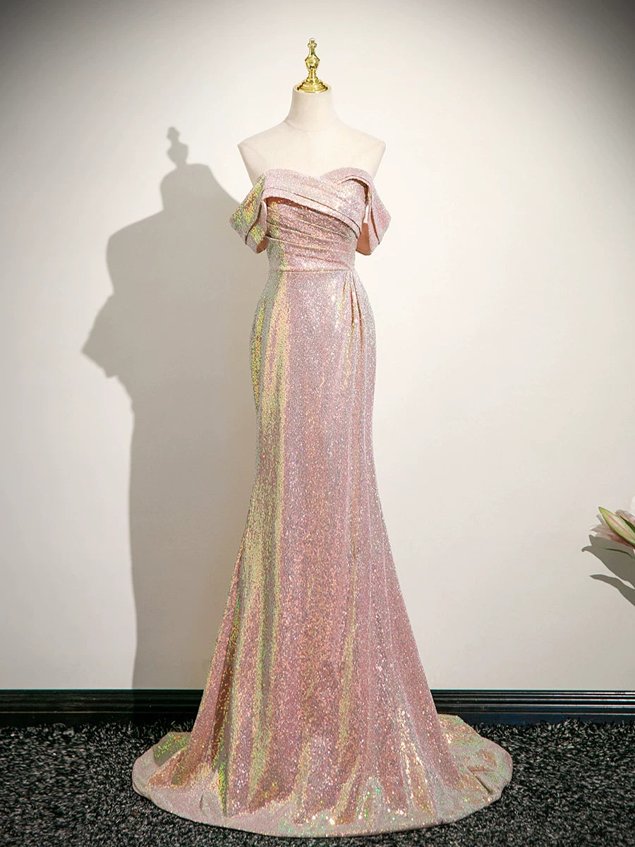 Off The Shoulder Pink Mermaid Prom Dress Sequin Evening Dress  P1233
