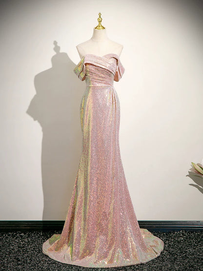 Off The Shoulder Pink Mermaid Prom Dress Sequin Evening Dress  P1233