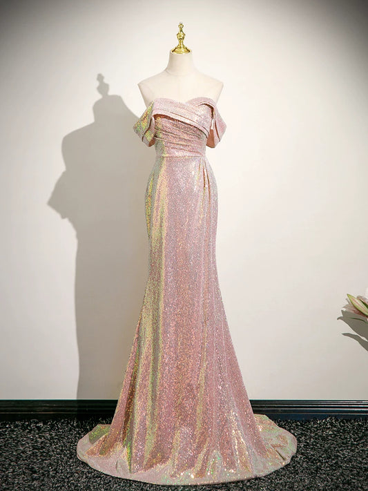 Off The Shoulder Pink Mermaid Prom Dress Sequin Evening Dress  P1233