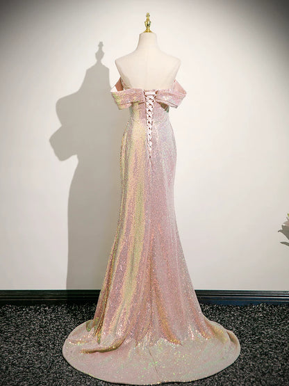 Off The Shoulder Pink Mermaid Prom Dress Sequin Evening Dress  P1233