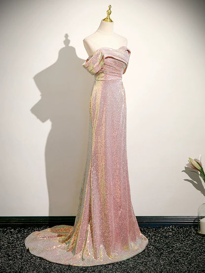 Off The Shoulder Pink Mermaid Prom Dress Sequin Evening Dress  P1233