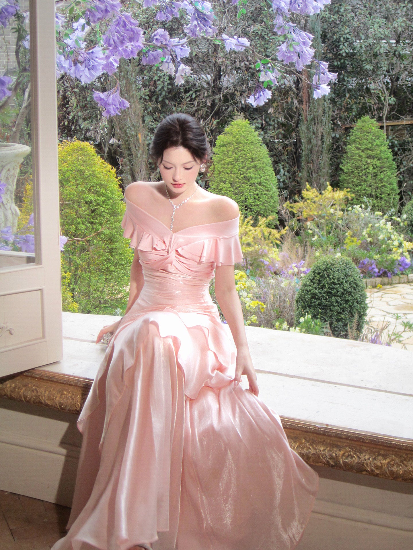 Off The Shoulder Pink Ruffled Prom Dress Formal Party Dress  P1103