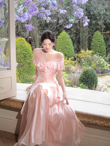 Off The Shoulder Pink Ruffled Prom Dress Formal Party Dress  P1103