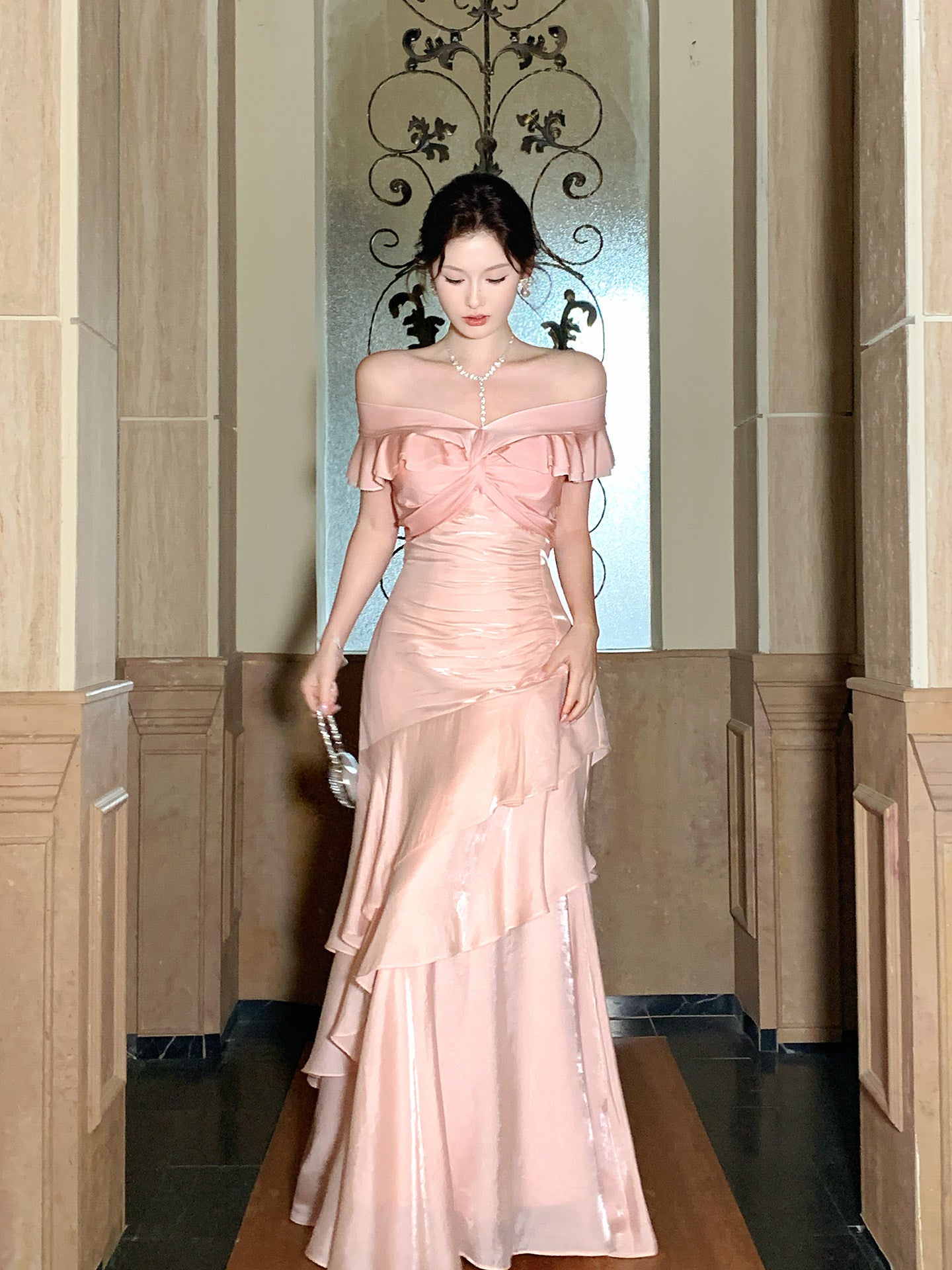 Off The Shoulder Pink Ruffled Prom Dress Formal Party Dress  P1103