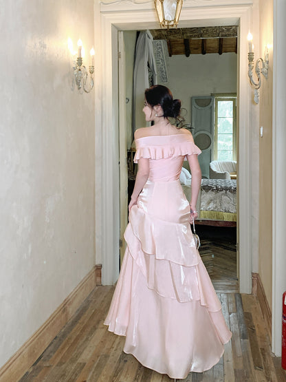 Off The Shoulder Pink Ruffled Prom Dress Formal Party Dress  P1103