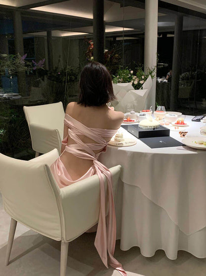 Off The Shoulder Pink Satin Prom Dress Backless Sexy Evening Dress  P755