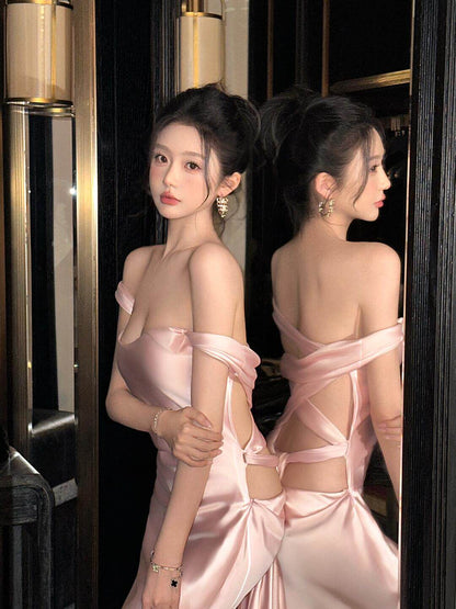 Off The Shoulder Pink Satin Prom Dress Backless Sexy Evening Dress  P755