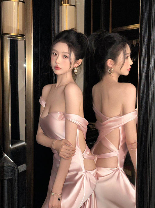Off The Shoulder Pink Satin Prom Dress Backless Sexy Evening Dress  P755