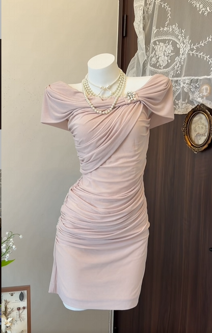 Off The Shoulder Pink Sheath Birthday Dress Chiffon Homecoming Dress   P1923