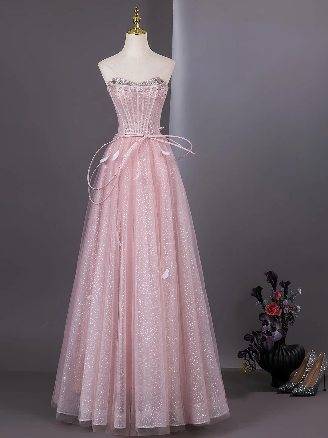 Off The Shoulder Pink Tulle Formal Prom Dress A Line Sparkle Birthday Gown  P2720