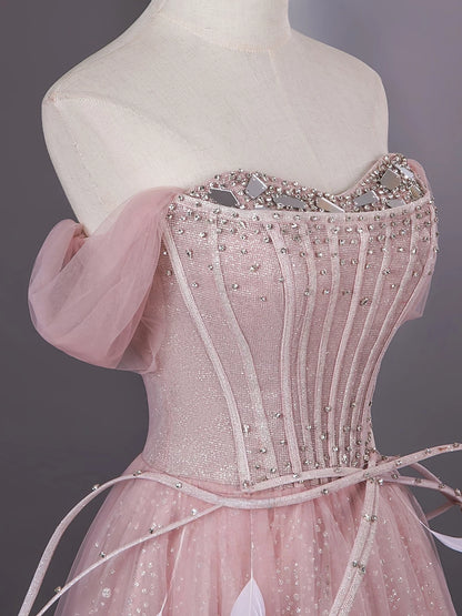 Off The Shoulder Pink Tulle Formal Prom Dress A Line Sparkle Birthday Gown  P2720