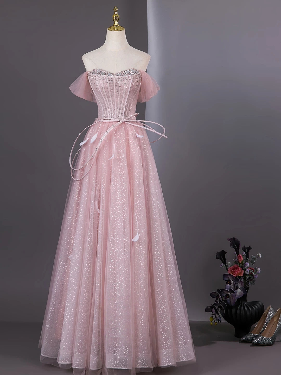 Off The Shoulder Pink Tulle Formal Prom Dress A Line Sparkle Birthday Gown  P2720