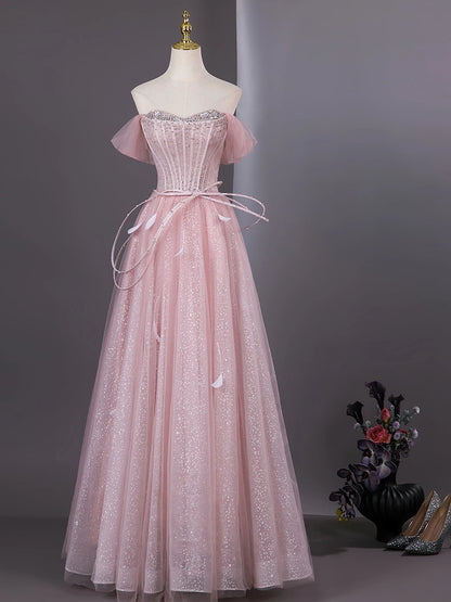 Off The Shoulder Pink Tulle Formal Prom Dress A Line Sparkle Birthday Gown  P2720