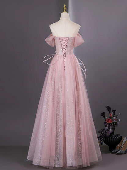 Off The Shoulder Pink Tulle Formal Prom Dress A Line Sparkle Birthday Gown  P2720
