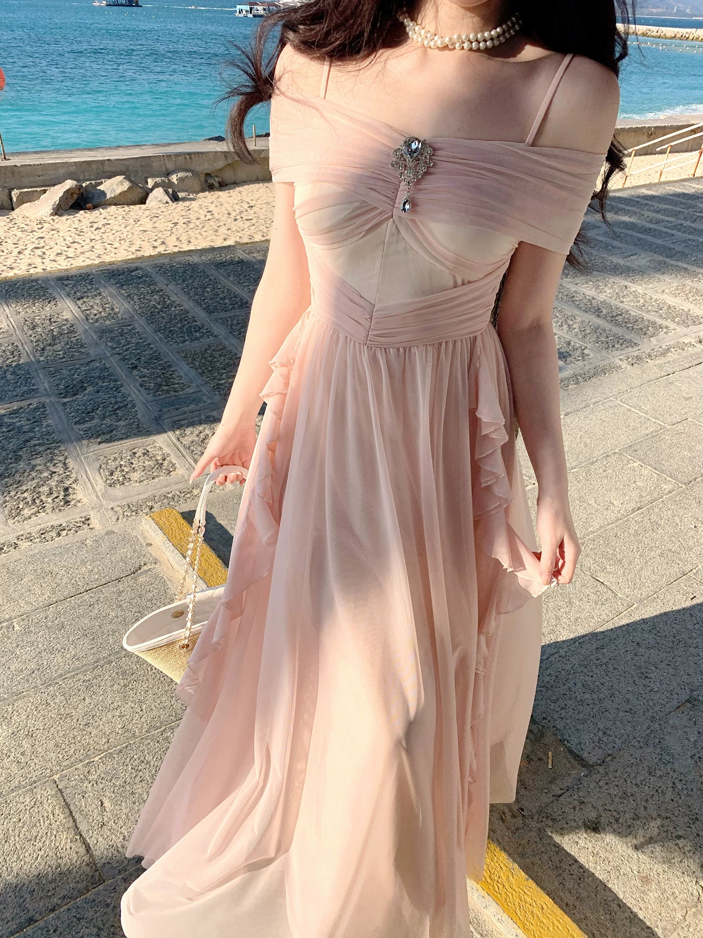 Off The Shoulder Pink Wedding Guest Dress Summer Dress L139