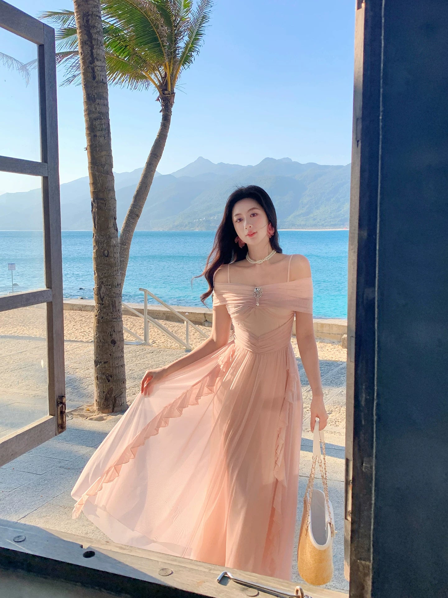 Off The Shoulder Pink Wedding Guest Dress Summer Dress L139