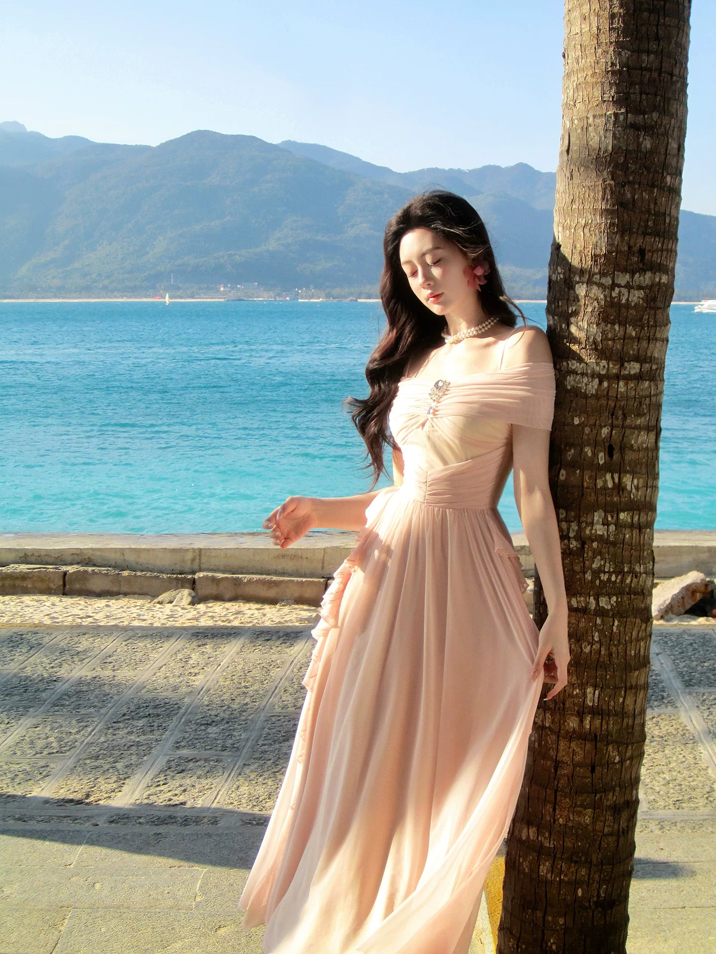 Off The Shoulder Pink Wedding Guest Dress Summer Dress L139